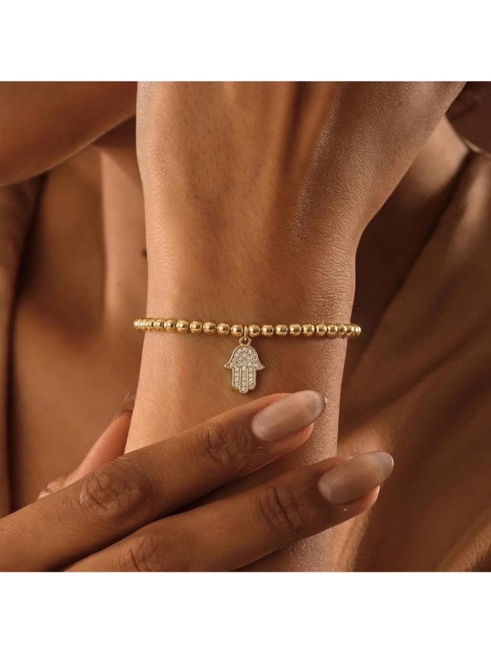 Gold Hamsa Charm Beaded Bracelet - Women's Jewelry